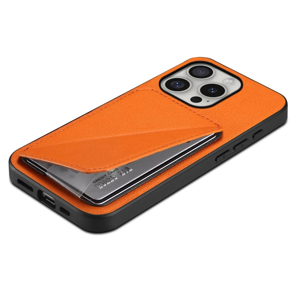 DENIOR D04 For iPhone 16 Pro Case Card Holder Kickstand Leather Coated Phone Cover - Orange - 4