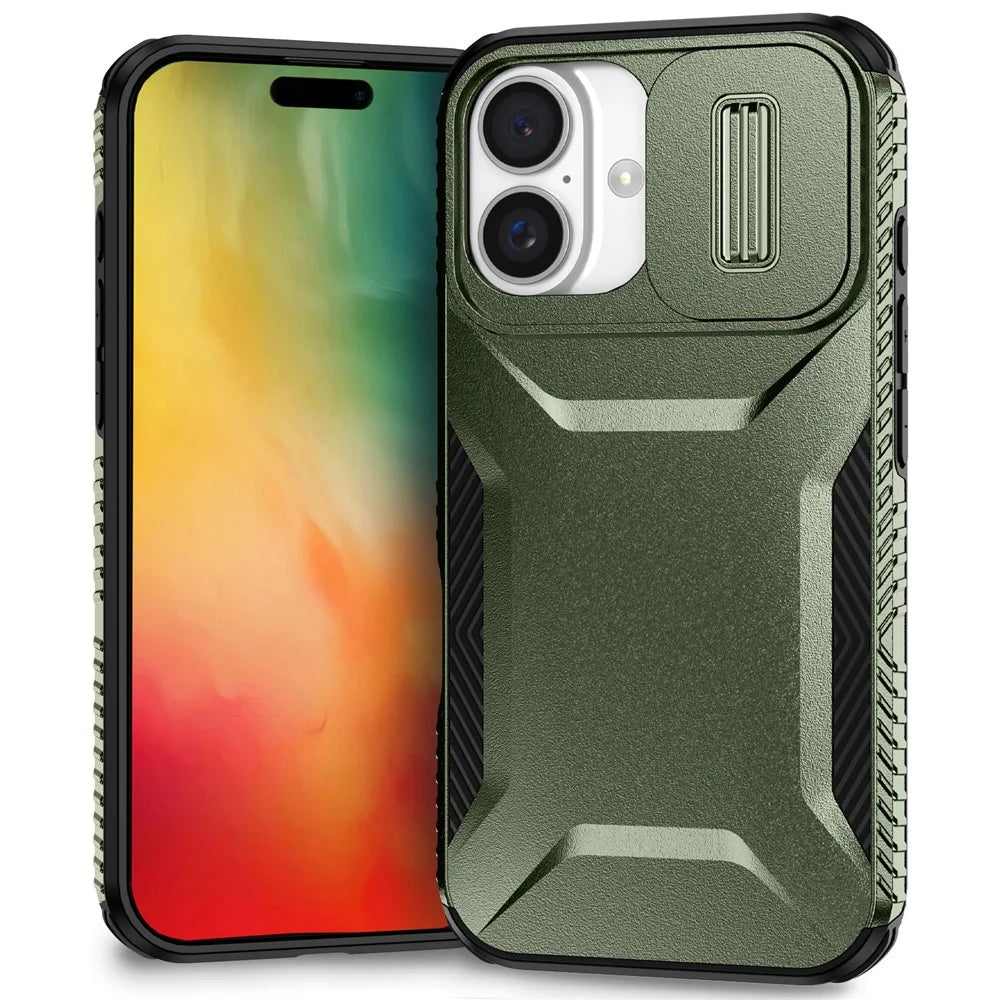 For iPhone 16 Case TPU+PC Phone Protector with Slide Lens Cover - Green - 1