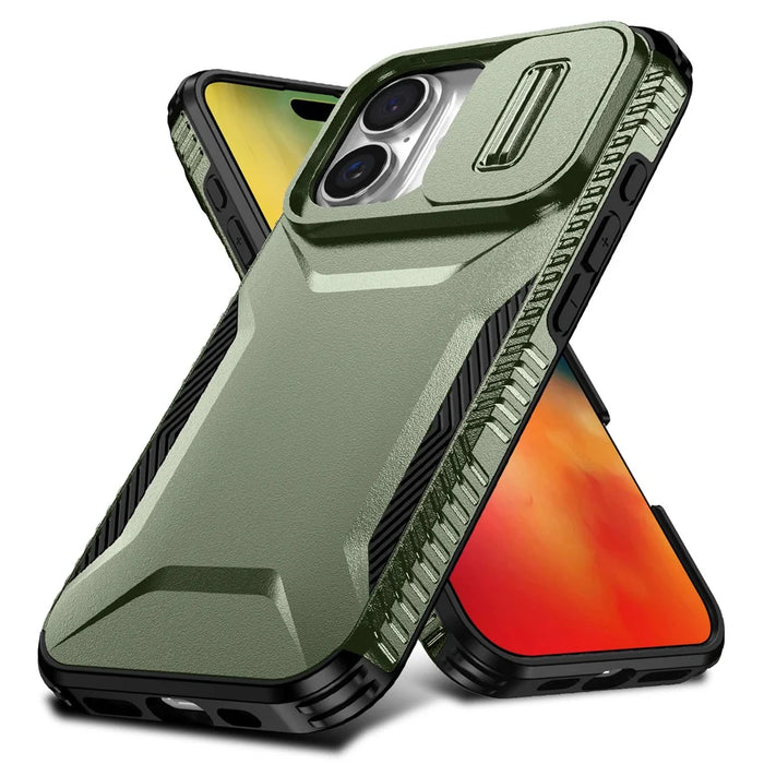 For iPhone 16 Case TPU+PC Phone Protector with Slide Lens Cover - Green - 2