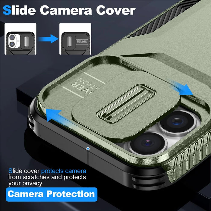 For iPhone 16 Case TPU+PC Phone Protector with Slide Lens Cover - Green - 3