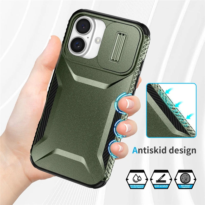 For iPhone 16 Case TPU+PC Phone Protector with Slide Lens Cover - Green - 4