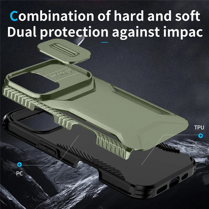 For iPhone 16 Case TPU+PC Phone Protector with Slide Lens Cover - Green - 6