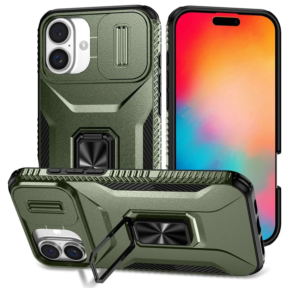 For iPhone 16 Plus Case TPU+PC Kickstand Slide Lens Lid Phone Cover - Green - 1