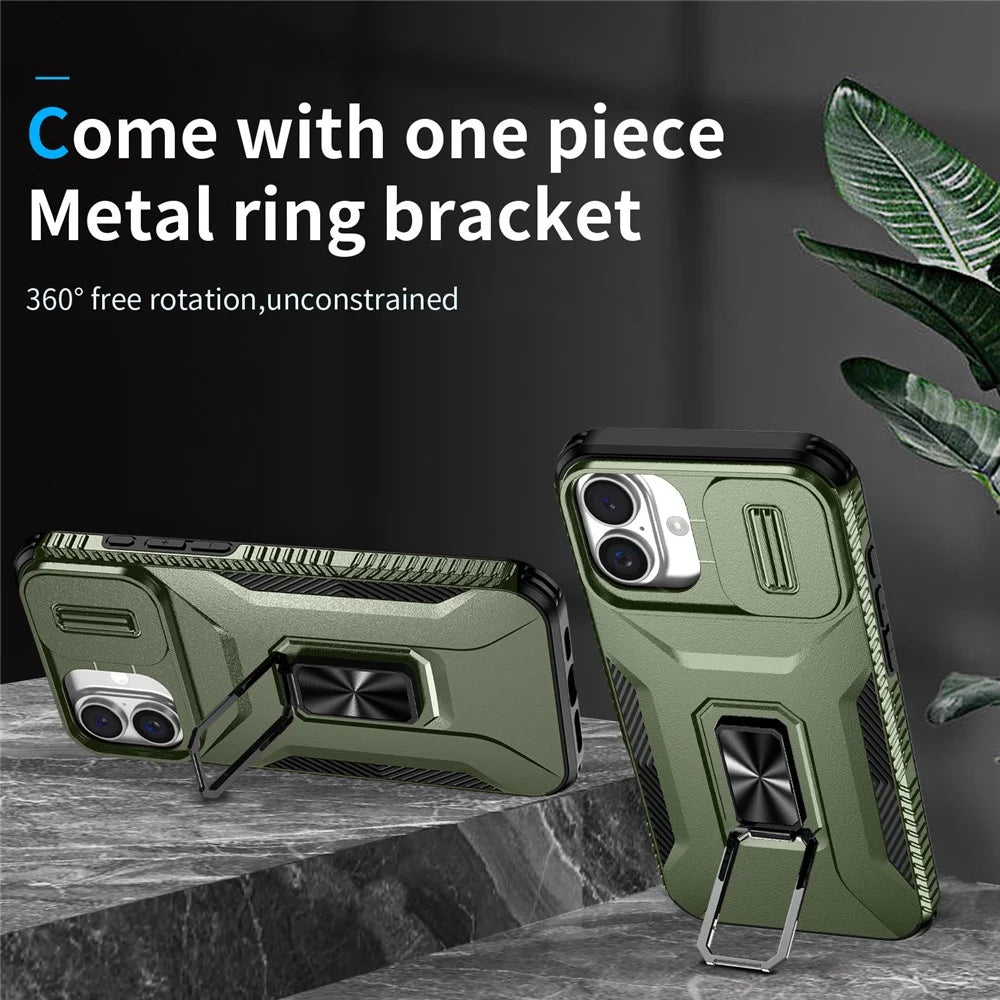 For iPhone 16 Plus Case TPU+PC Kickstand Slide Lens Lid Phone Cover - Green - 2