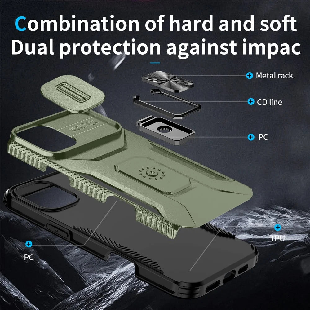 For iPhone 16 Plus Case TPU+PC Kickstand Slide Lens Lid Phone Cover - Green - 3