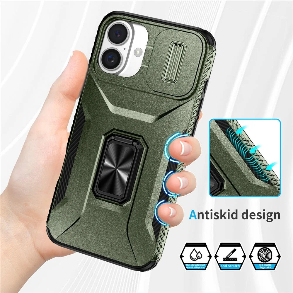 For iPhone 16 Plus Case TPU+PC Kickstand Slide Lens Lid Phone Cover - Green - 5