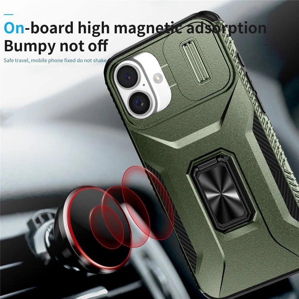 For iPhone 16 Plus Case TPU+PC Kickstand Slide Lens Lid Phone Cover - Green - 6