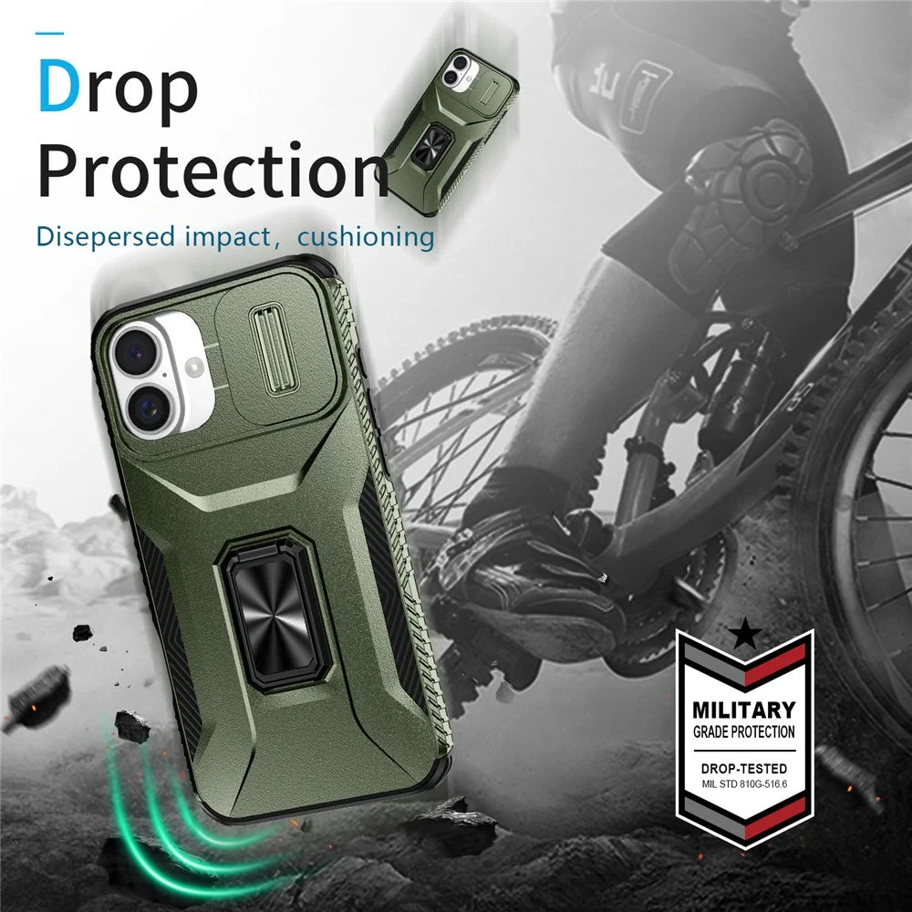 For iPhone 16 Plus Case TPU+PC Kickstand Slide Lens Lid Phone Cover - Green - 7
