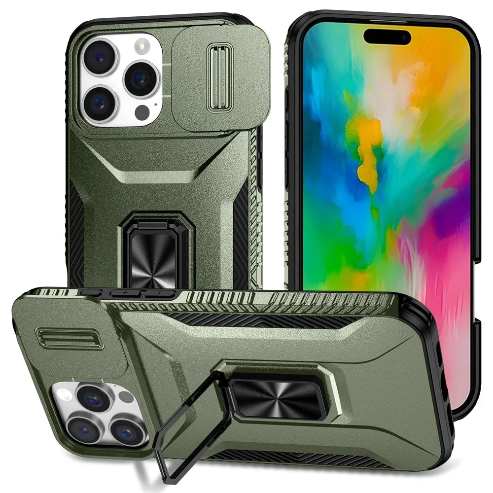 For iPhone 16 Pro Case Kickstand TPU+PC Phone Cover with Slide Lens Shield - Green - 1