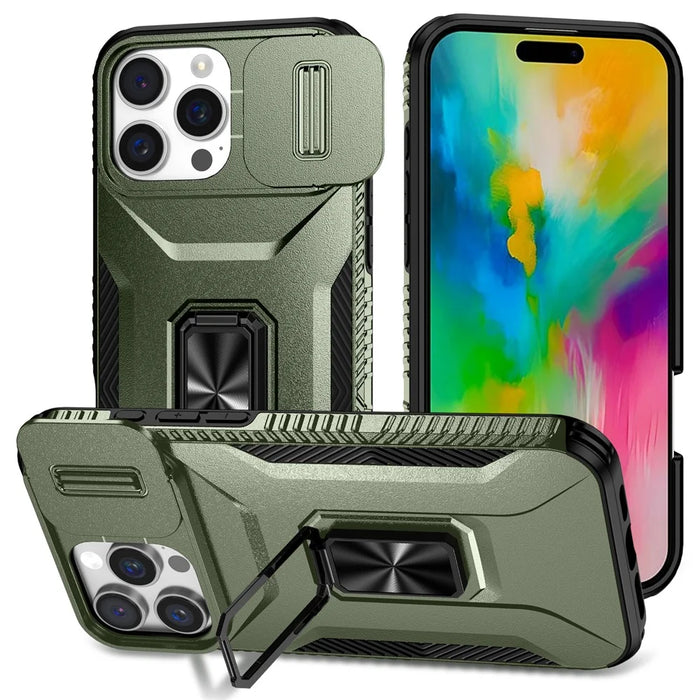For iPhone 16 Pro Case Kickstand TPU+PC Phone Cover with Slide Lens Shield - Green - 1