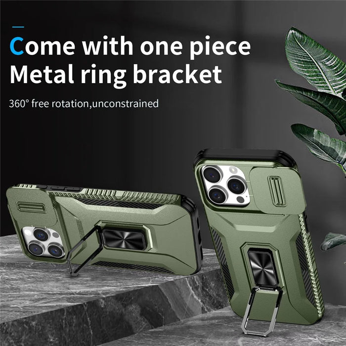For iPhone 16 Pro Case Kickstand TPU+PC Phone Cover with Slide Lens Shield - Green - 2