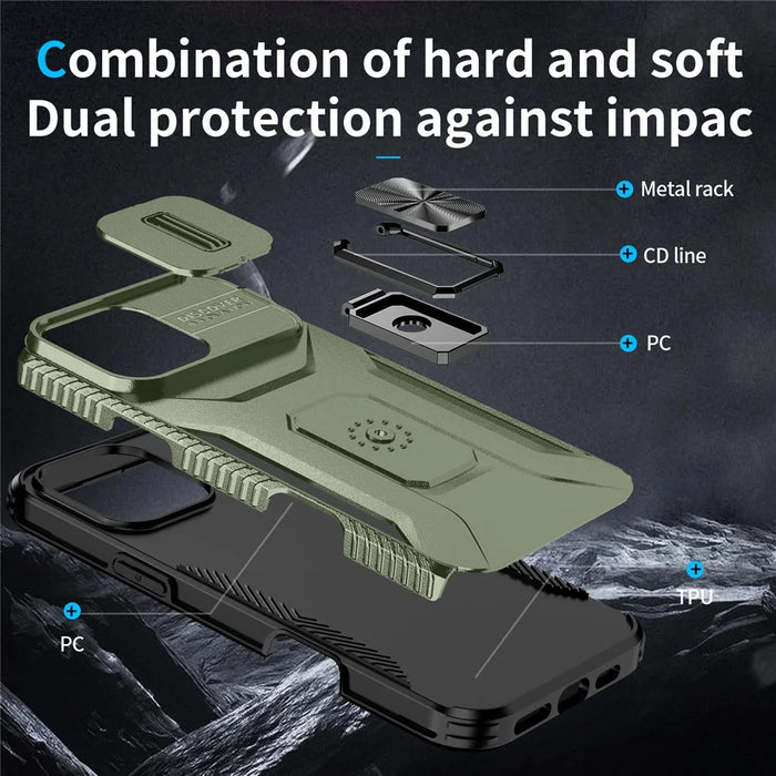 For iPhone 16 Pro Case Kickstand TPU+PC Phone Cover with Slide Lens Shield - Green - 3