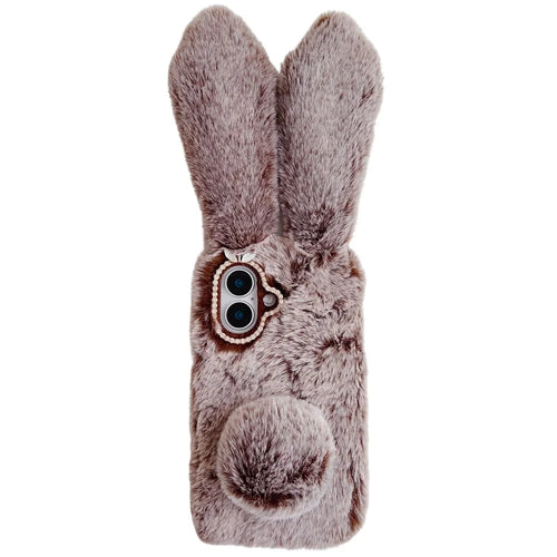 For iPhone 16 Case Bunny Ears Furry Soft Warm TPU Phone Cover - Brown - 1