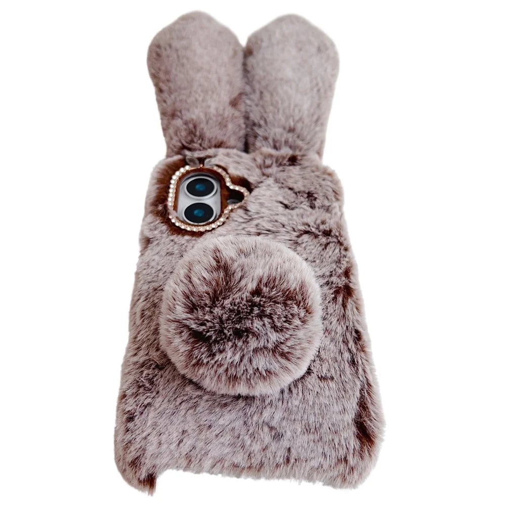 For iPhone 16 Case Bunny Ears Furry Soft Warm TPU Phone Cover - Brown - 3