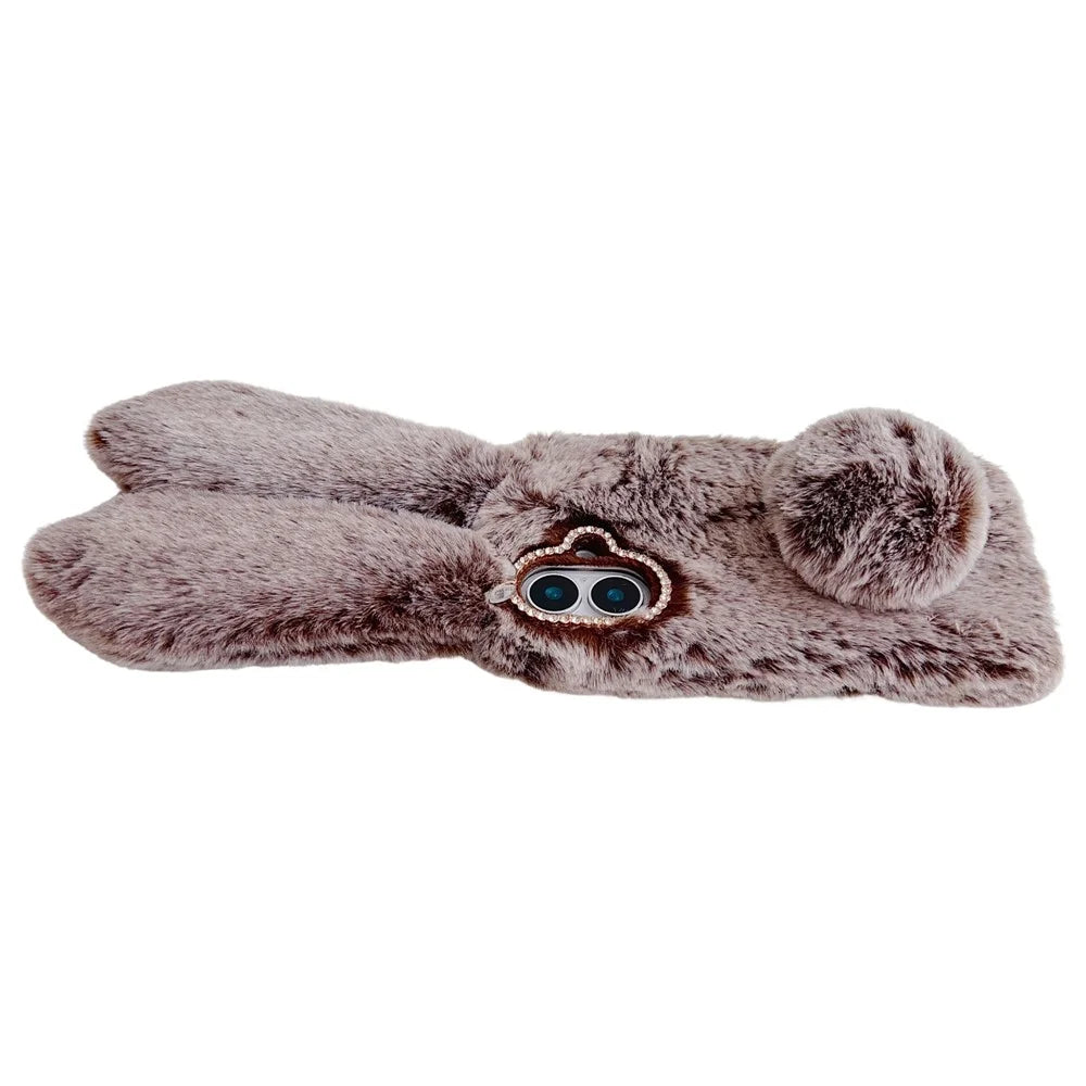 For iPhone 16 Case Bunny Ears Furry Soft Warm TPU Phone Cover - Brown - 4