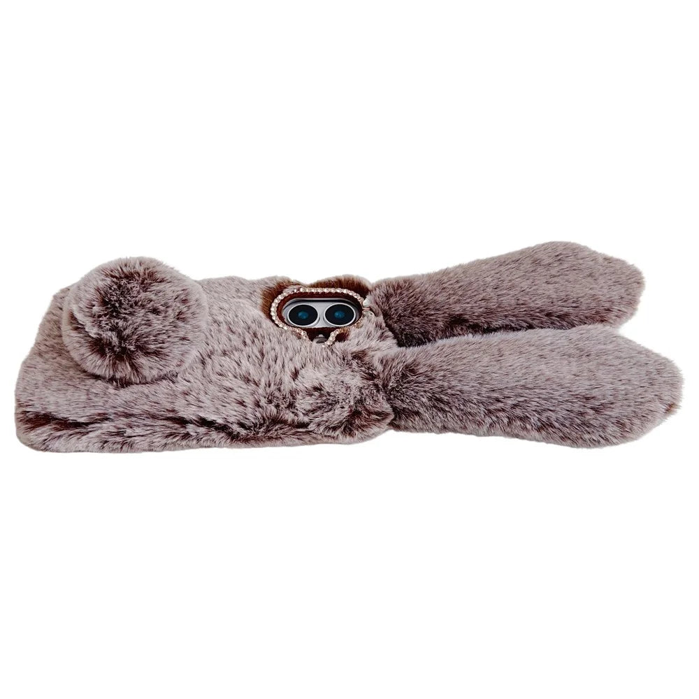 For iPhone 16 Case Bunny Ears Furry Soft Warm TPU Phone Cover - Brown - 5