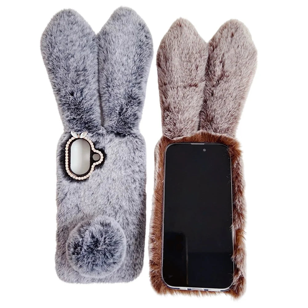 For iPhone 16 Case Bunny Ears Furry Soft Warm TPU Phone Cover - Brown - 7