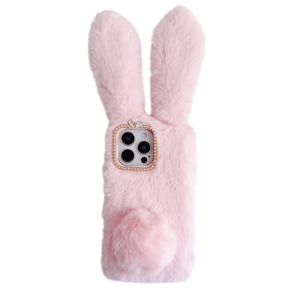 For iPhone 16 Pro Max Case Bunny Ears Furry Soft Warm TPU Phone Cover - Pink - 1