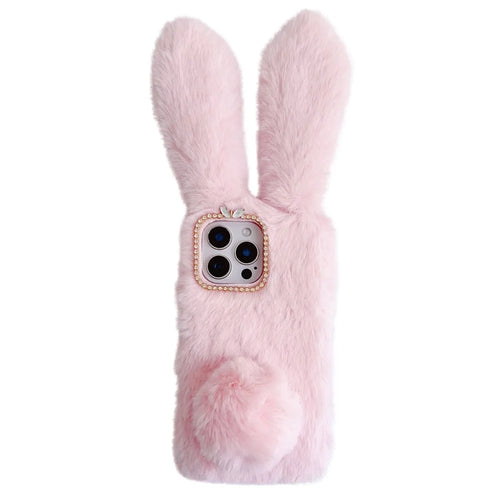 For iPhone 16 Pro Max Case Bunny Ears Furry Soft Warm TPU Phone Cover - Pink - 1
