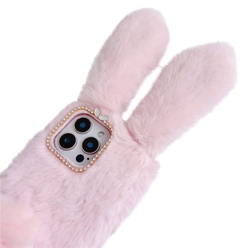 For iPhone 16 Pro Max Case Bunny Ears Furry Soft Warm TPU Phone Cover - Pink - 2