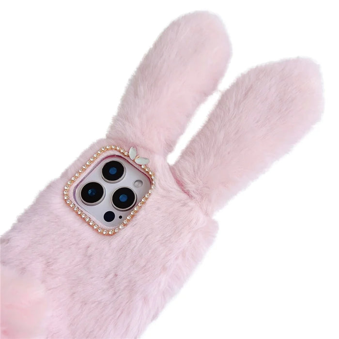 For iPhone 16 Pro Max Case Bunny Ears Furry Soft Warm TPU Phone Cover - Pink - 2