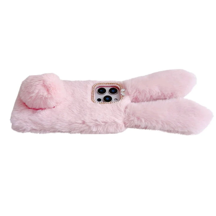 For iPhone 16 Pro Max Case Bunny Ears Furry Soft Warm TPU Phone Cover - Pink - 3