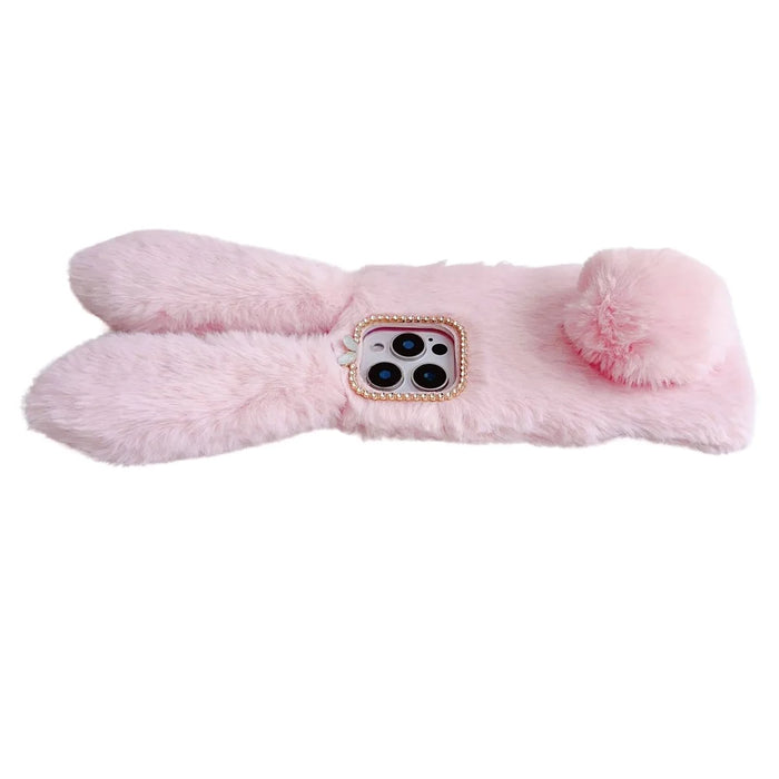 For iPhone 16 Pro Max Case Bunny Ears Furry Soft Warm TPU Phone Cover - Pink - 4