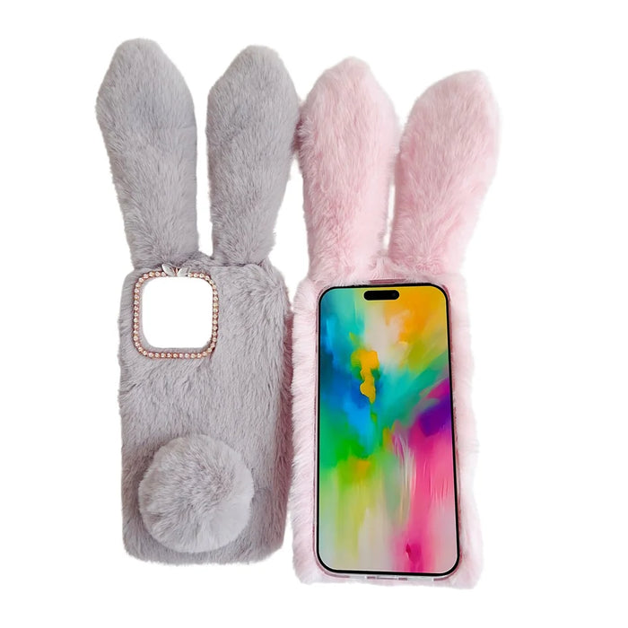 For iPhone 16 Pro Max Case Bunny Ears Furry Soft Warm TPU Phone Cover - Pink - 5