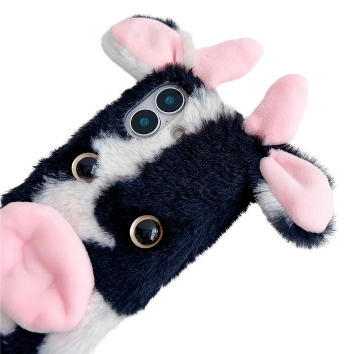 For iPhone 16 Case Fluffy Cows Ear Soft TPU Slim Phone Cover - Black - 3