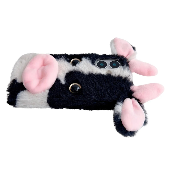 For iPhone 16 Case Fluffy Cows Ear Soft TPU Slim Phone Cover - Black - 6