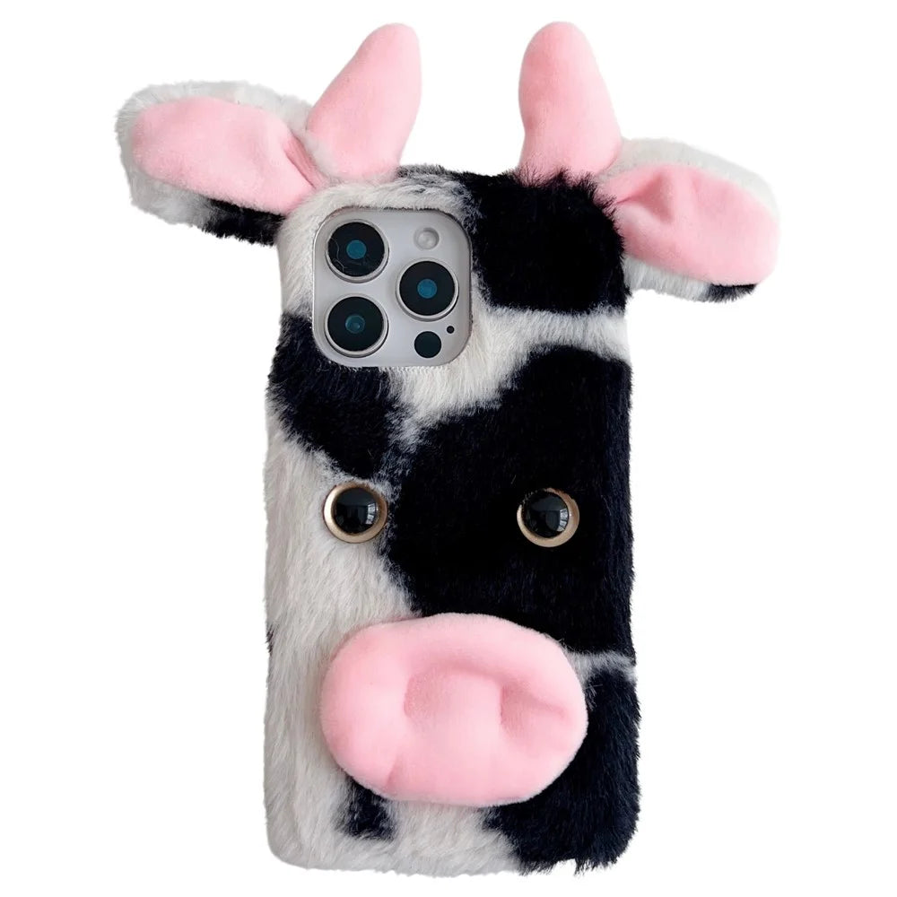 For iPhone 16 Pro Case Fluffy Cows Ear Anit-Drop Soft TPU Phone Cover - Black - 1