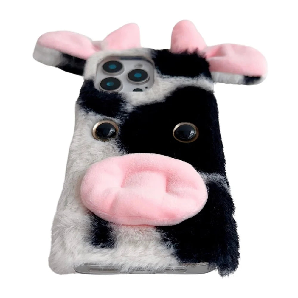 For iPhone 16 Pro Case Fluffy Cows Ear Anit-Drop Soft TPU Phone Cover - Black - 3