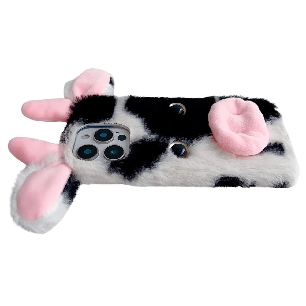 For iPhone 16 Pro Case Fluffy Cows Ear Anit-Drop Soft TPU Phone Cover - Black - 4