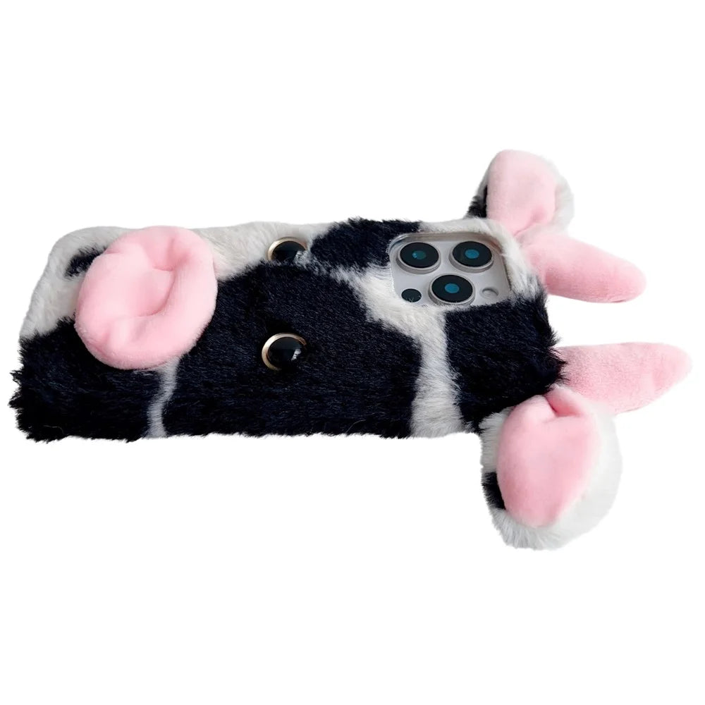 For iPhone 16 Pro Case Fluffy Cows Ear Anit-Drop Soft TPU Phone Cover - Black - 5