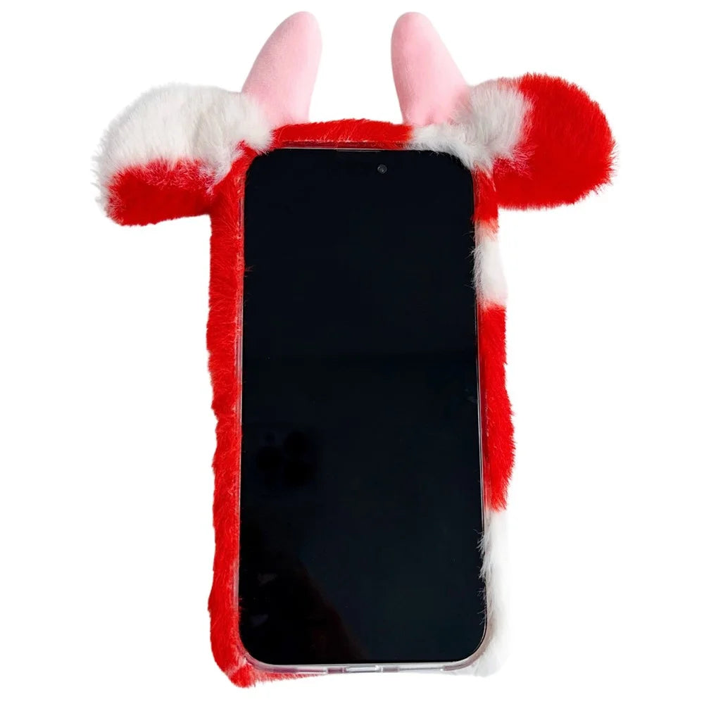 For iPhone 16 Pro Case Fluffy Cows Ear Anit-Drop Soft TPU Phone Cover - Black - 6