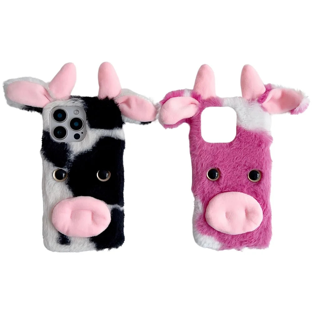 For iPhone 16 Pro Case Fluffy Cows Ear Anit-Drop Soft TPU Phone Cover - Black - 7