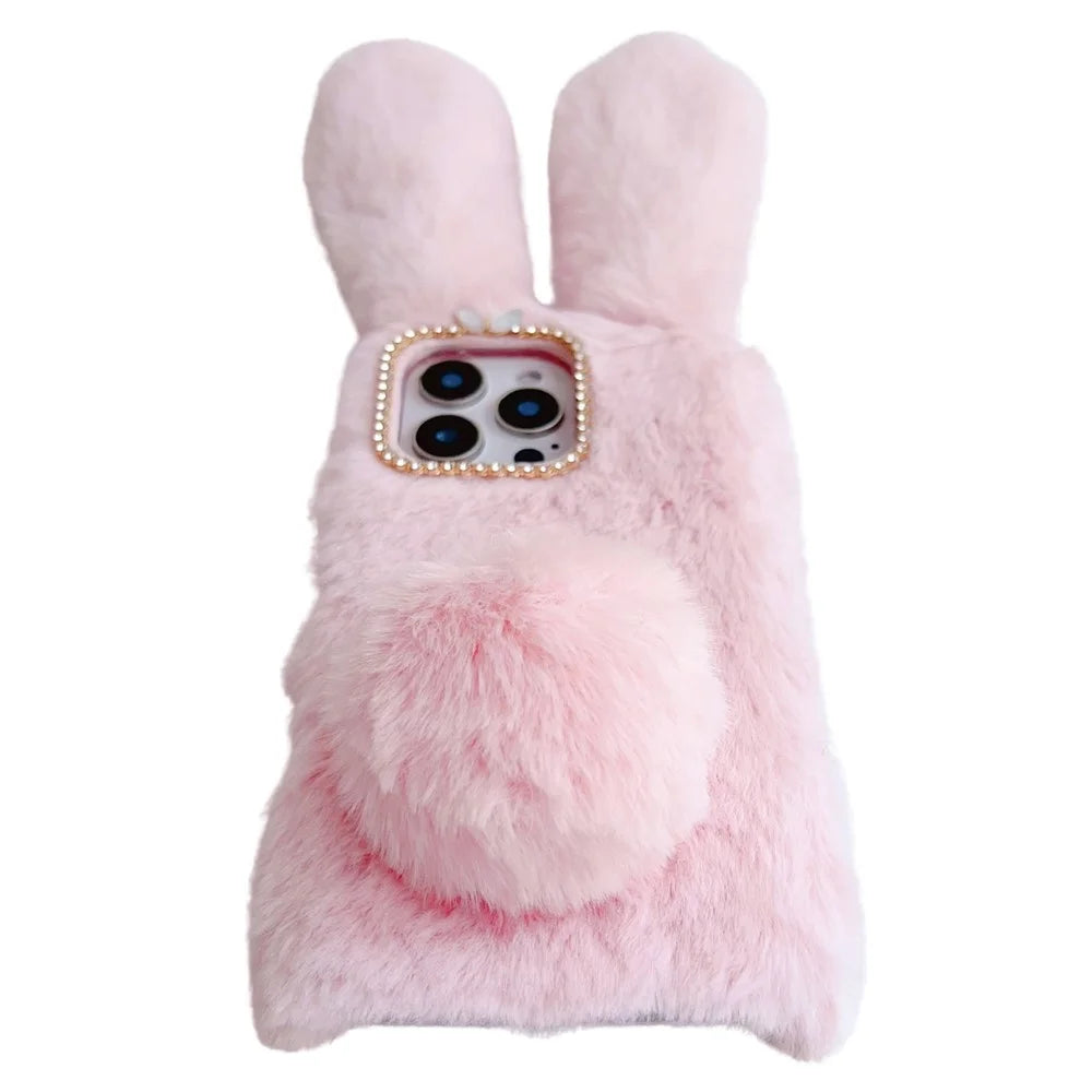 For iPhone 16 Pro Case Bunny Ears Furry Soft TPU Protective Phone Cover - Pink - 2