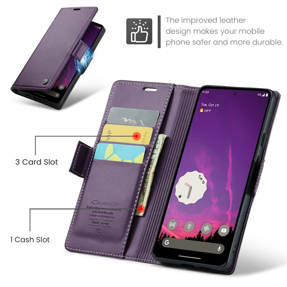 For Google Pixel 9 Pro XL Leather Case CASEME 023 RFID Blocking 3 Card Slot Mobile Cover - Purple - 6