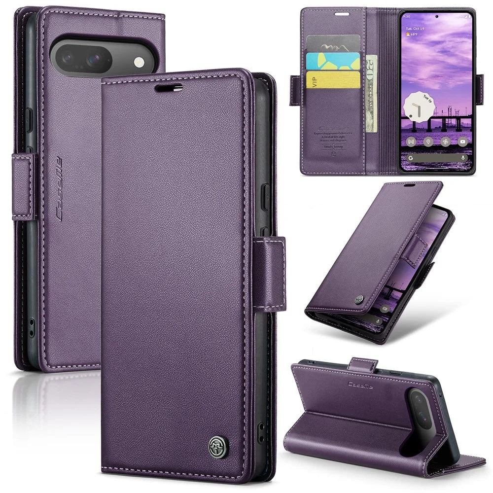 For Google Pixel 10 Pro / 10 / 9 Pro / 9 Leather Case CASEME 023 RFID Blocking 3 Card Slot Mobile Cover - Purple - 1