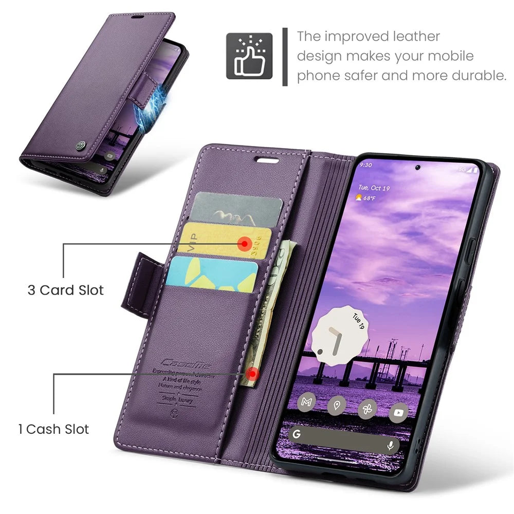 For Google Pixel 10 Pro / 10 / 9 Pro / 9 Leather Case CASEME 023 RFID Blocking 3 Card Slot Mobile Cover - Purple - 6