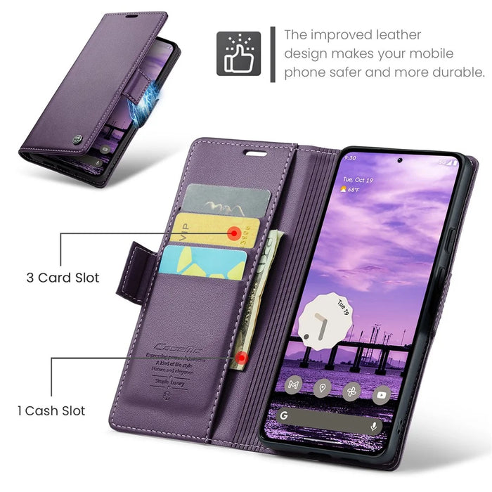 For Google Pixel 10 Pro / 10 / 9 Pro / 9 Leather Case CASEME 023 RFID Blocking 3 Card Slot Mobile Cover - Purple - 6
