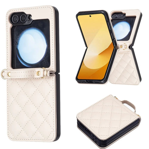 For Samsung Galaxy Z Flip7 FE 5G / Z Flip6 5G / Z Flip5 5G Leather Back Case Rhombus Phone Cover with Shoulder Strap - Beige - 1