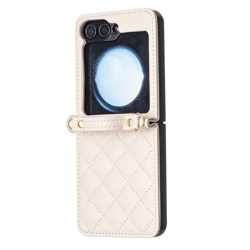 For Samsung Galaxy Z Flip7 FE 5G / Z Flip6 5G / Z Flip5 5G Leather Back Case Rhombus Phone Cover with Shoulder Strap - Beige - 2