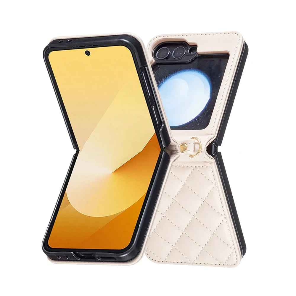 For Samsung Galaxy Z Flip7 FE 5G / Z Flip6 5G / Z Flip5 5G Leather Back Case Rhombus Phone Cover with Shoulder Strap - Beige - 3