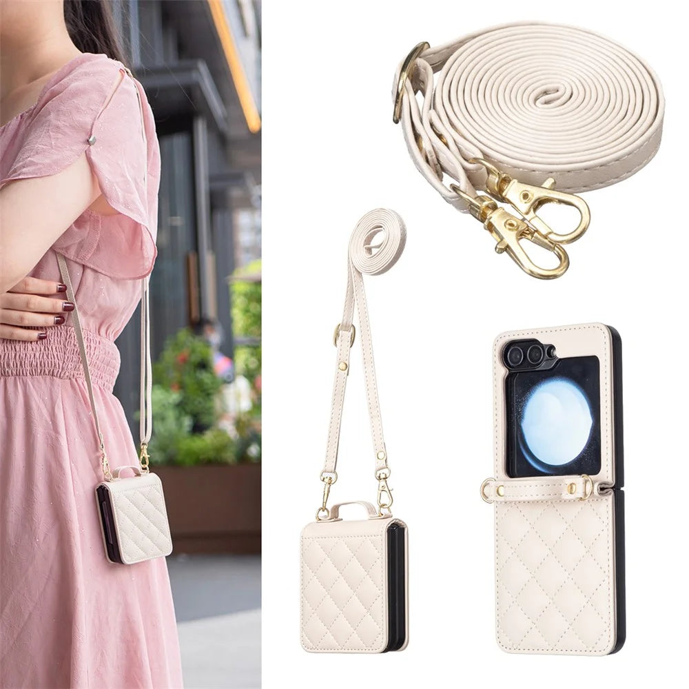 For Samsung Galaxy Z Flip7 FE 5G / Z Flip6 5G / Z Flip5 5G Leather Back Case Rhombus Phone Cover with Shoulder Strap - Beige - 4