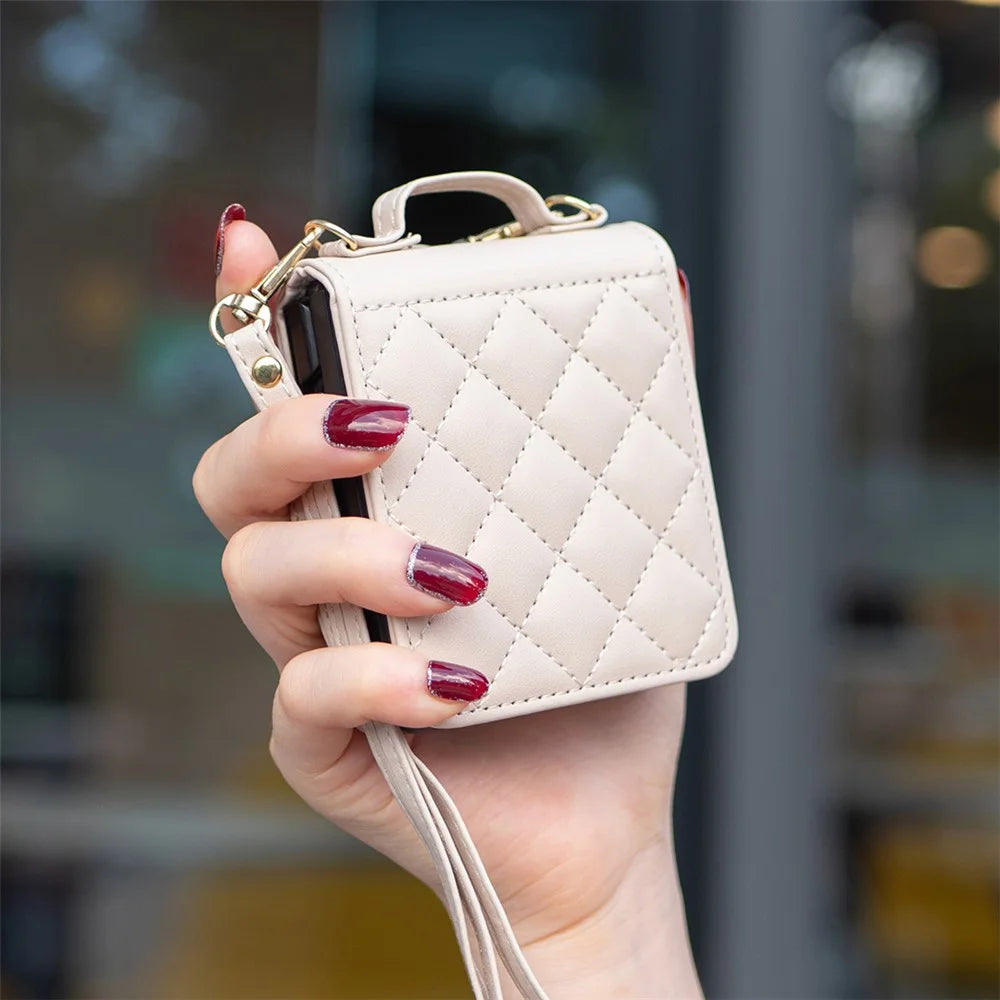 For Samsung Galaxy Z Flip7 FE 5G / Z Flip6 5G / Z Flip5 5G Leather Back Case Rhombus Phone Cover with Shoulder Strap - Beige - 5