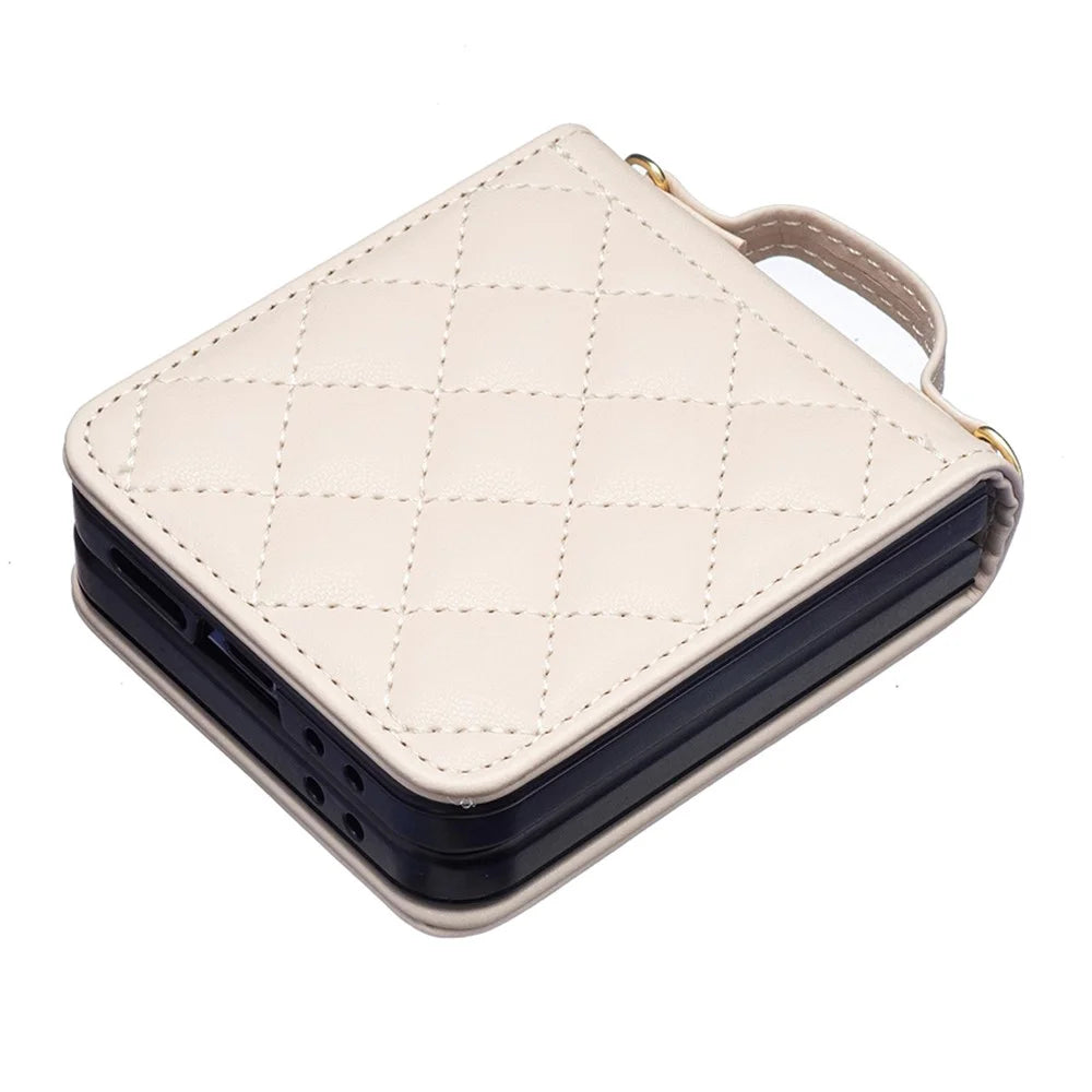 For Samsung Galaxy Z Flip7 FE 5G / Z Flip6 5G / Z Flip5 5G Leather Back Case Rhombus Phone Cover with Shoulder Strap - Beige - 6
