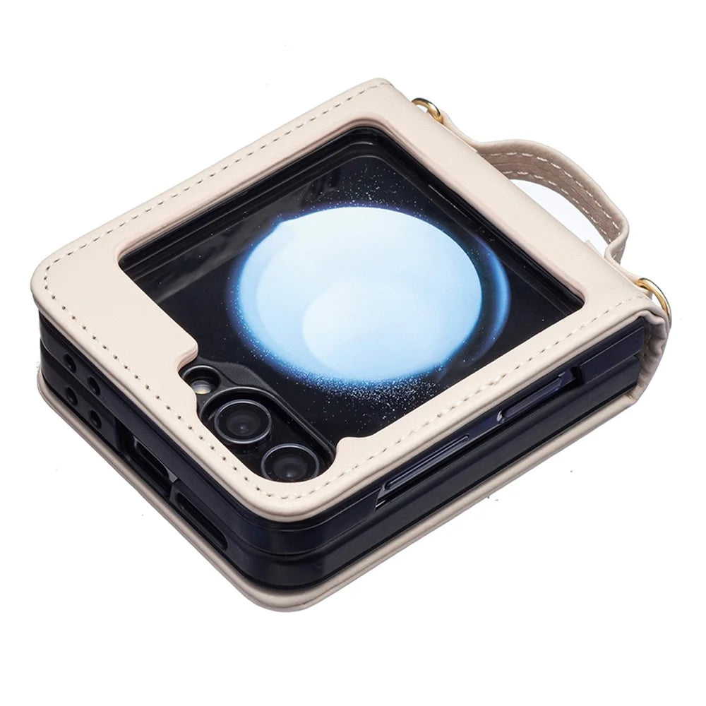 For Samsung Galaxy Z Flip7 FE 5G / Z Flip6 5G / Z Flip5 5G Leather Back Case Rhombus Phone Cover with Shoulder Strap - Beige - 7