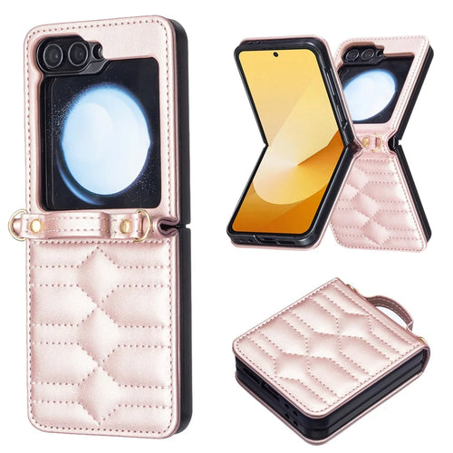 For Samsung Galaxy Z Flip7 FE 5G / Z Flip6 5G / Z Flip5 5G Leather Case V-Shape Grip Back Cover with Shoulder Strap - Rose Gold - 1