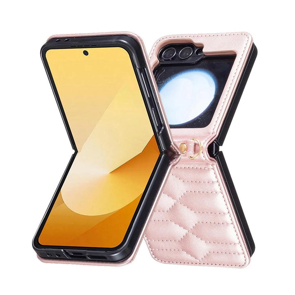 For Samsung Galaxy Z Flip7 FE 5G / Z Flip6 5G / Z Flip5 5G Leather Case V-Shape Grip Back Cover with Shoulder Strap - Rose Gold - 2